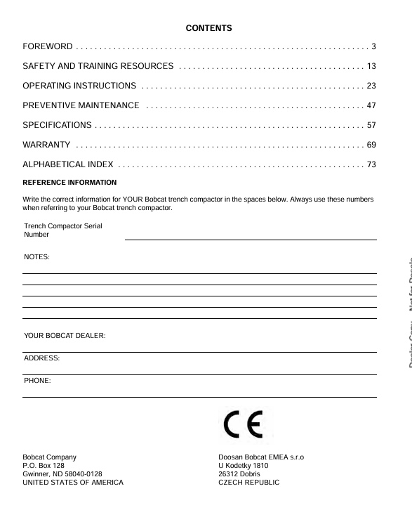 BOBCAT TC75 TRENCH COMPACTOR (6901048ENGB) OPERATION & MAINTENANCE MANUAL PDF DOWNLOAD