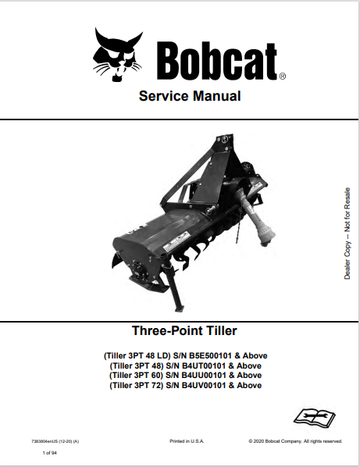 BOBCAT TILLER 3PT 48 LD, TILLER 3PT 48, TILLER 3PT 60, TILLER 3PT 72 THREE-POINT TILLER SERVICE MANUAL (7383804) - PDF FILE