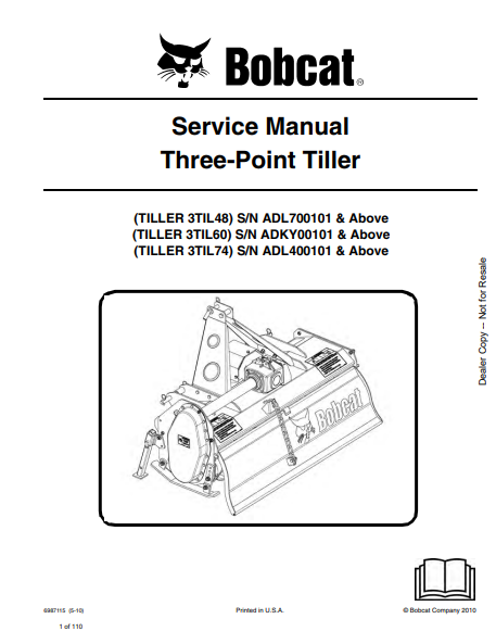 BOBCAT TILLER 3TIL48, TILLER 3TIL60, TILLER 3TIL74 TREE-POINE TILLER SERVICE MAMUAL (6987115) - PDF FILE