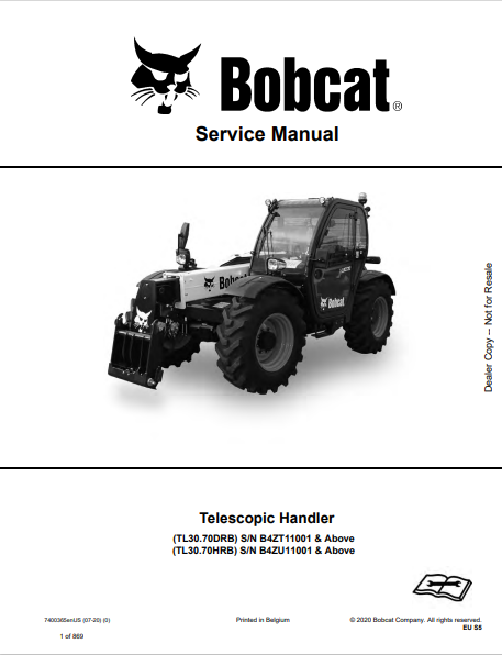 BOBCAT TL30.70DRB, TL30.70HRB TELESCOPIC HANDLER SERVICE MANUAL (7400365) - PDF FILE