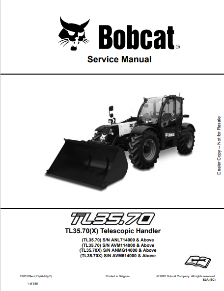 BOBCAT TL35.70, TL35.70(X) TELESCOPIC HANDLER SERVICE MANUAL (7283169) - PDF FILE
