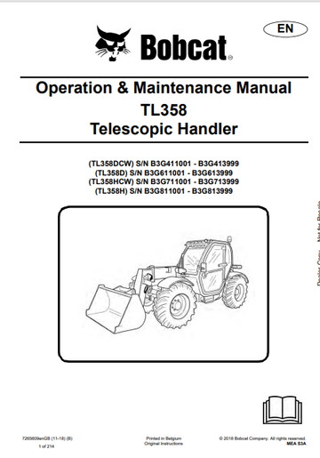 BOBCAT TL358, TL358DCW, TL358D, TL358HCW, TL358H TELESCOPIC HANDLER OPERATION & MAINTENANCE MANUAL (7265609) - PDF FILE