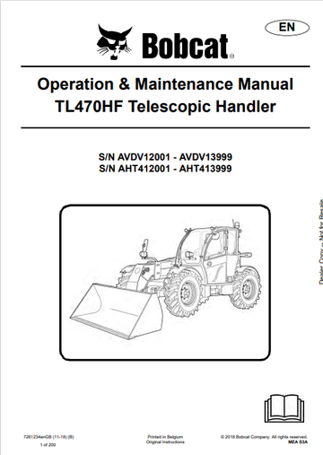 BOBCAT TL470HF TELESCOPIC HANDLER OPERATION & MAINTENANCE MANUAL (7261234) - PDF FILE