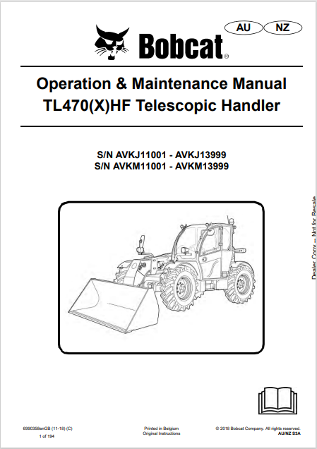 BOBCAT TL470(X)HF TELESCOPIC HANDLER OPERATION & MAIMTENANCE MANUAL (6990358) - PDF FILE