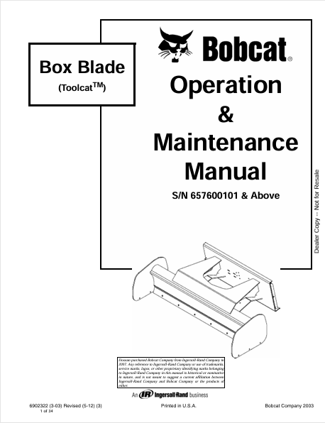 BOBCAT TLLOCAT BOX BLADE OPERATION & MAINTENANCE MANUAL (6902322) - PDF FILE