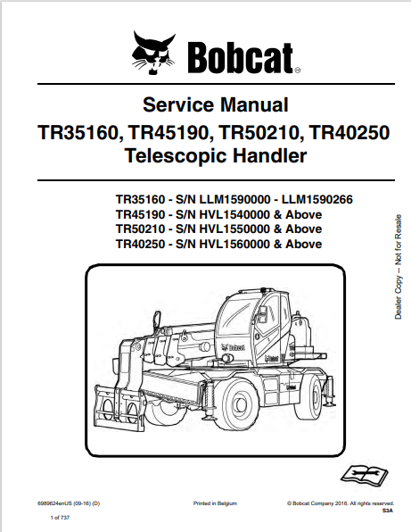BOBCAT TR35160, TR45190, TR50210, TR40250 TELESCOPIC HANDLER SERVICE MANUAL (6989624) - PDF FILE
