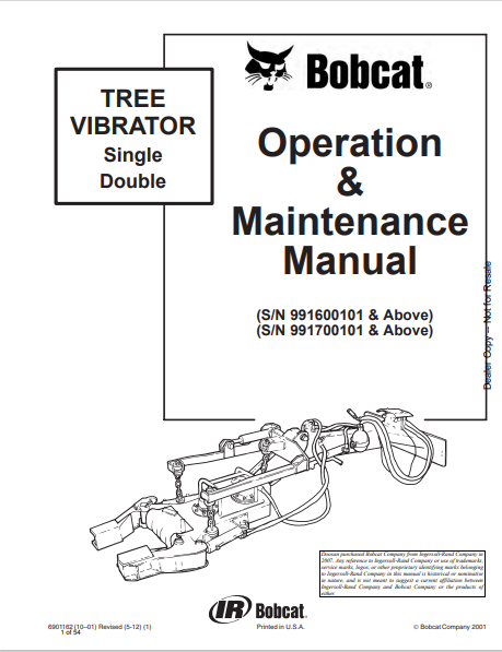 BOBCAT TREE VIBRATOR SINGLE DOUBLE OPERATION & MAINTENANCE MANUAL (6901162) - PDF FILE