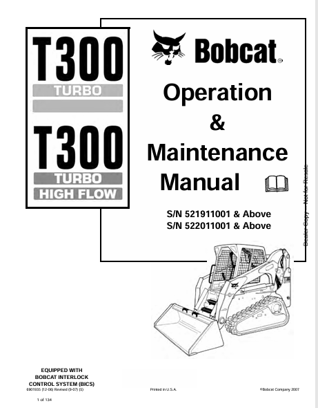 BOBCAT T300 TURBO, T300 TURBO HIHG FLOW OPERATION & MAINTENANCE MANUAL (6901935) - PDF FILE