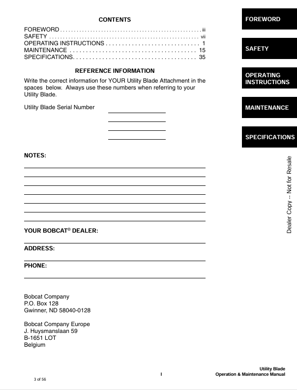 BOBCAT UTILITY BLADE (6901251) OPERATION AND MAINTENANCE MANUAL PDF FILE