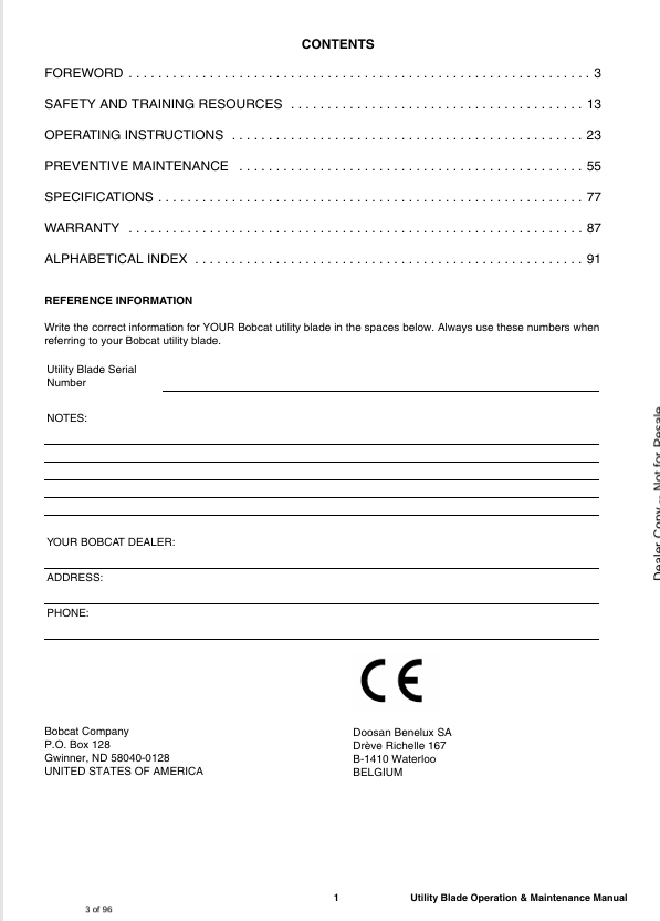 BOBCAT UTILITY BLADE (6990065) OPERATION AND MAINTENANCE MANUAL PDF FILE