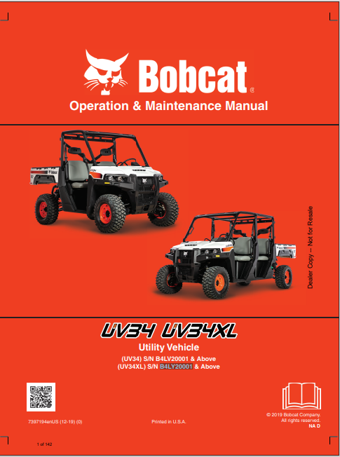 BOBCAT UV34, UV34XL UTILITY VEHICLE OPERATION & MAINTENANCE MANUAL (7397194) - PDF FILE