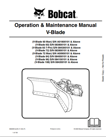 BOBCAT V-BLADE 60 MAN, V-BLADE 60, V-BLADE 60 7-PIN, V-BLADE 72, V-BLADE 72 MAN, V-BLADE 84, V-BLADE 96, V-BLADE 108 V- BLADE OPERATION & MAINTENANCE MANUAL (6902081) - PDF FILE