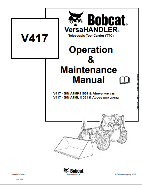 BOBCAT V417 VERSAHANDLER TELESCOPIC TOOL CARRIER (TTC) OPERATION & MAINTENANCE MANUAL (6904955) - PDF FILE