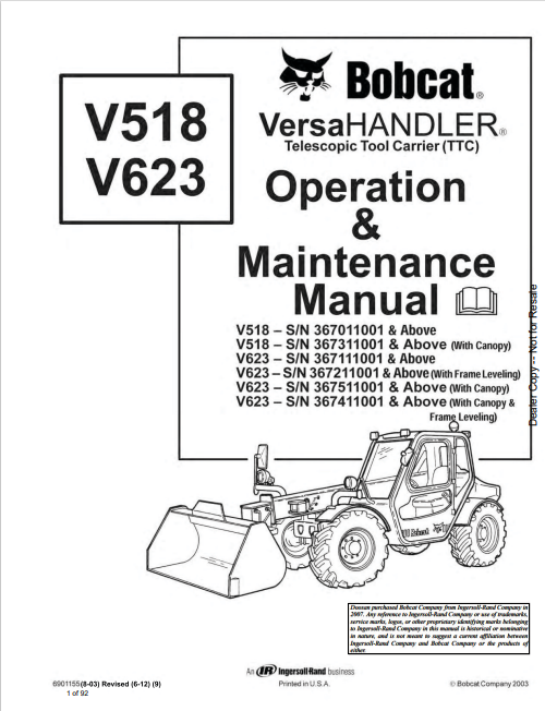 BOBCAT V518,V623 VERSAHANDLER TELESCOPIC TOOL CARRIER (TTC) OPERATION & MAINTENANCE MANUAL (6901155) - PDF FILE