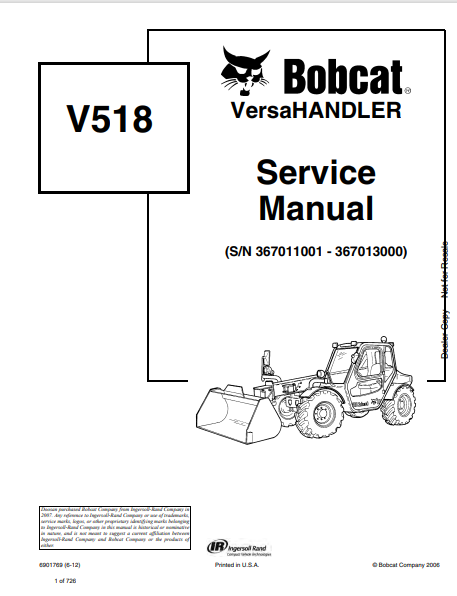 BOBCAT V518 VERSAHANDLER SERVICE MANUAL (6001769) - PDF FILE
