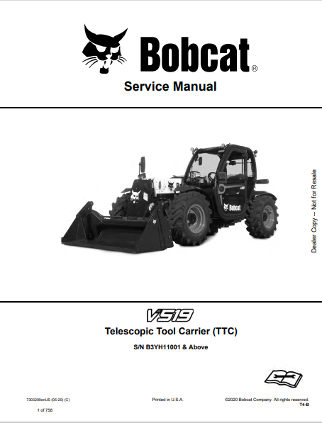 BOBCAT V519 TELESCOPIC TOOL CARRIER (TTC) SERVICE MANUAL (7303209) - PDF FILE