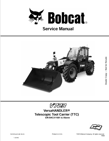 BOBCAT V723 VERSAHANDLER TELESCOPIC TOOL CARRIER (TTC) SERVICE MANUAL (7324187) - PDF FILE