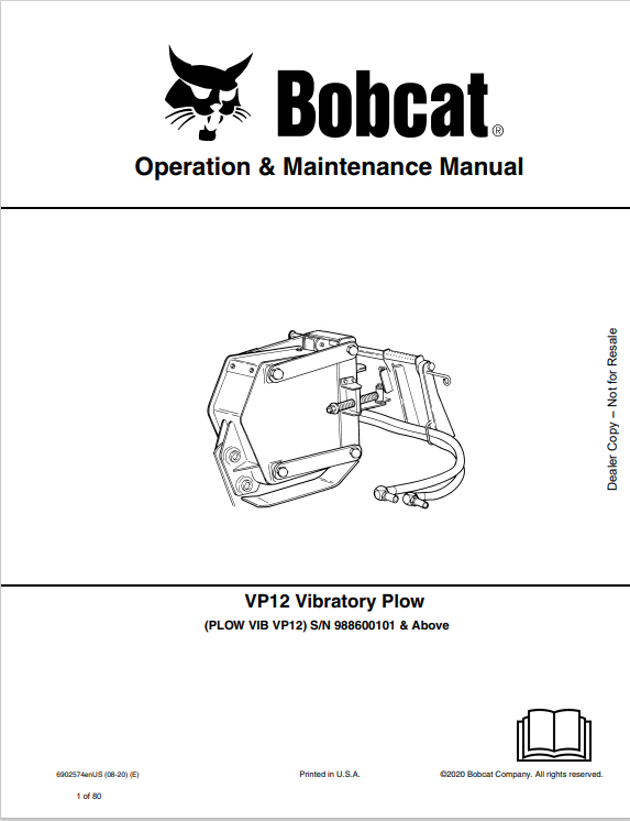 BOBCAT VP12 VIBRATORY PLOW OPERATION & MAINTENANCE MANUAL (6902574) - PDF FILE