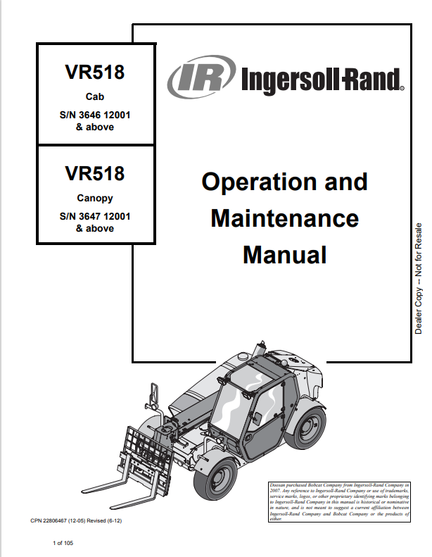 BOBCAT VR518 CAB VR518 CANOPY IR INGERSOLL RAND OPERATION AND MAINTENANCE MANUAL (22806467) - PDF FILE