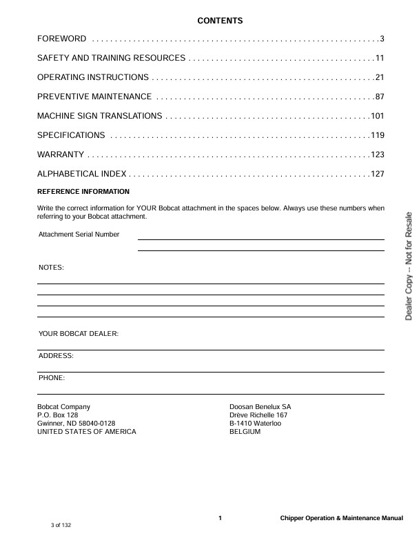 BOBCAT CHIPPER WC-5A, WC-8A (6900781ENUS) OPERATION & MAINTENANCE MANUAL PDF FILE