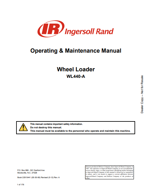 BOBCAT WL440-A IR INGERSOLL RAND WHEEL LOADER OPERATING & MAINTENANCE MANUAL (22915441) - PDF FILE