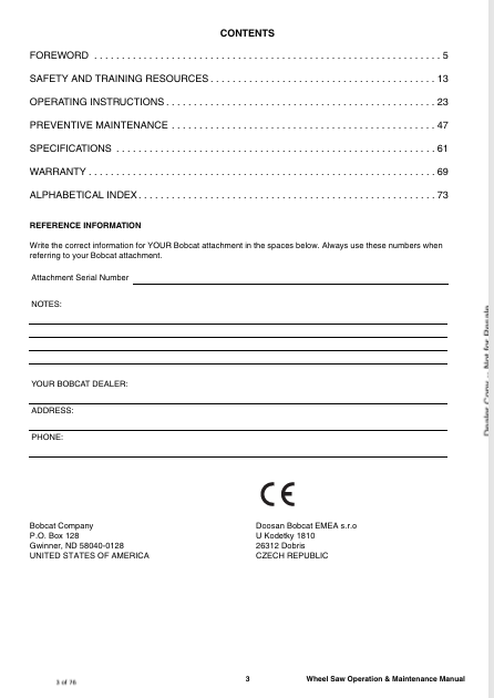 BOBCAT WHEEL SAW WS32 (6989784ENGB) OPERATION AND MAINTENANCE MANUAL PDF FILE