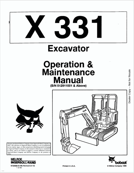 BOBCAT X331 EXCAVATOR OPERATION & MAINTENANCE MANUAL (6722999) - PDF FILE