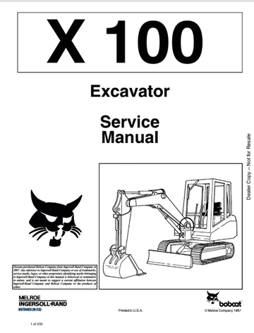 BOBCAT X 100 EXCAVATOR SERVICE MANUAL (6570483) - PDF FILE