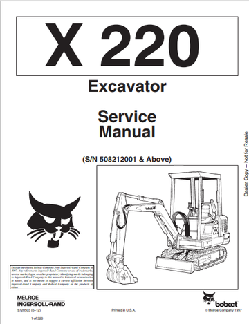 BOBCAT X 220 EXCAVATOR SERVICE MANUAL (6720503) - PDF FILE