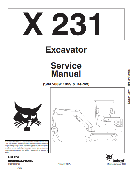 Bobcat X 231 Excavator Service Manual 6720496 PDF