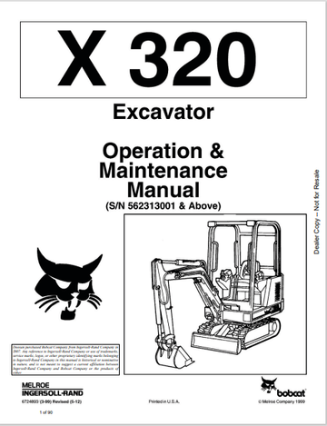 BOBCAT X 320 EXCAVATOR OPERATION & MAINTENANCE MANUAL (6724893) - PDF FILE