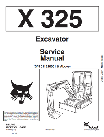 BOBCAT X 325 EXCAVATOR SERVICE MANUAL (6722849) - PDF FILE