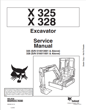 BOBCAT X 325, X328 EXCAVATOR SERVICE MANUAL (6724546) - PDF FILE