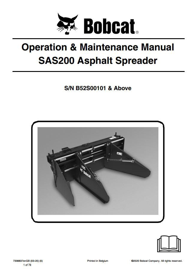 Bobcat Asphalt Spreader SAS200 Operation & Maintenance Manual PDF