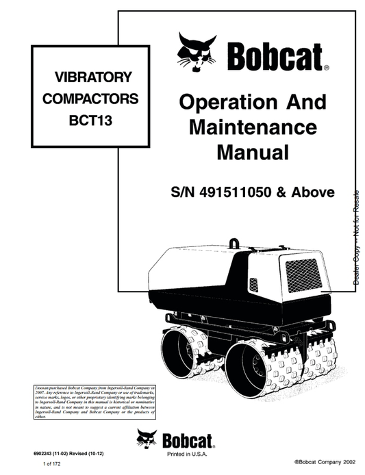 Bobcat BCA12S BCA14S BCA24 BCT13 Vibratory Compactor Manual PDF