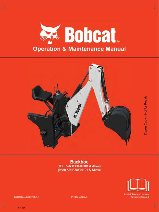 Bobcat Backhoe 6TB, 7BH, 9BH, 7TB & 8TB Manual PDF