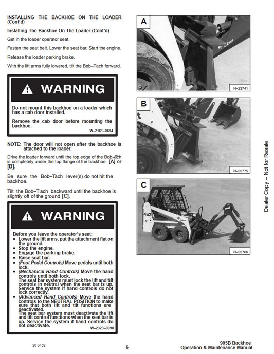 Bobcat Backhoe 905-923 Operation & Maintenance Manual PDF