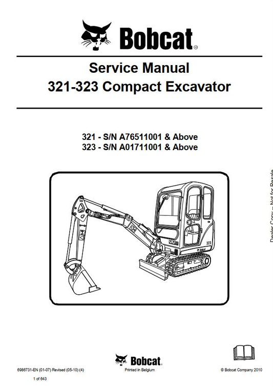 Bobcat Compact Excavator 321, 323 Service Manual PDF