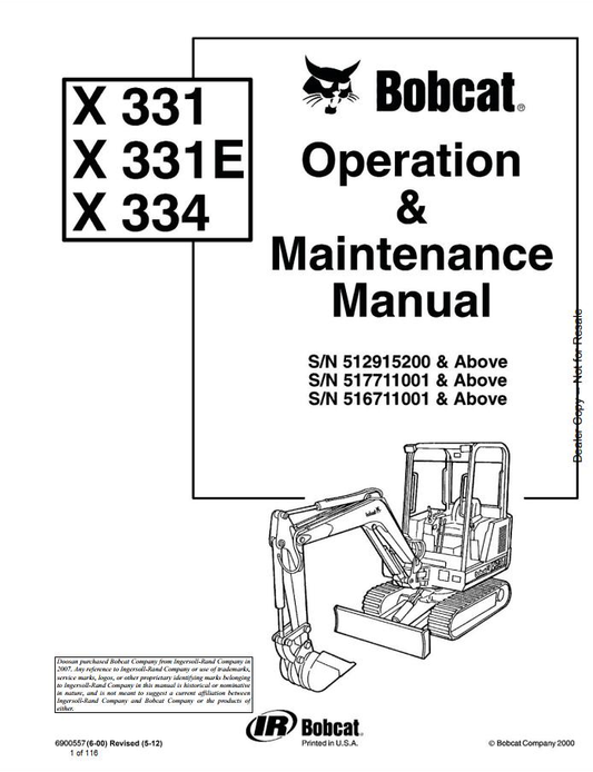 Bobcat 331, 331E, and 334 Compact Excavator Operation & Maintenance Manual PDF