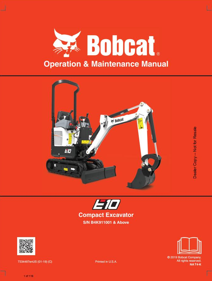 Bobcat E10 & E10z Compact Excavator Operation & Maintenance Manual PDF