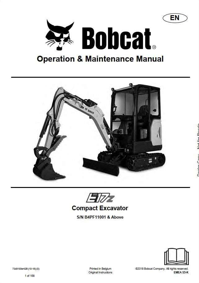 Bobcat E17 & E17z Compact Excavator Operation and Maintenance Manual PDF