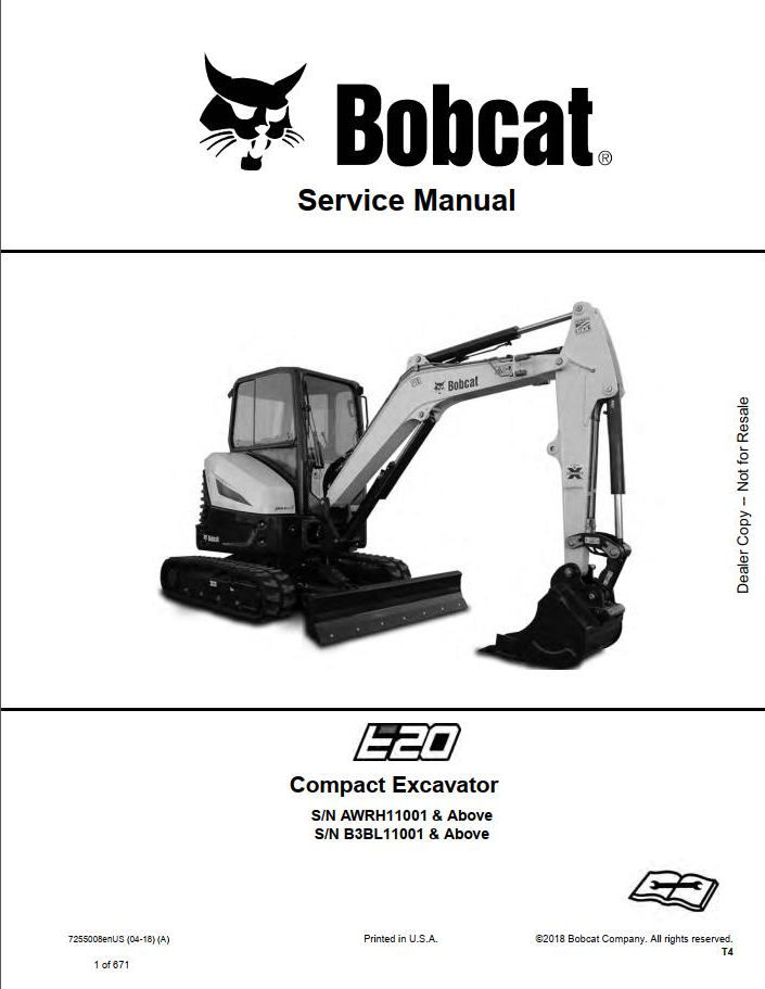 Bobcat E20 Compact Excavator Service Manual PDF Download