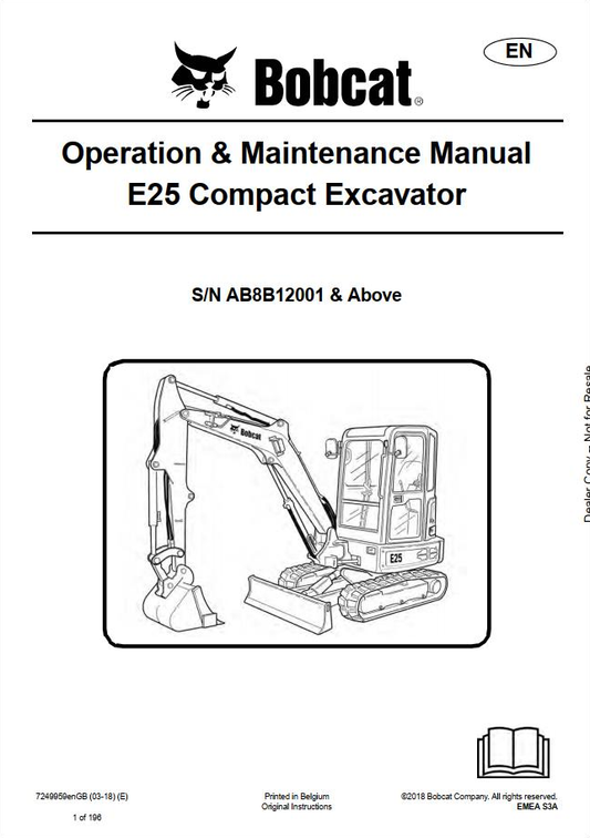 Bobcat E25 Compact Excavator Operation & Maintenance Manual (PDF)