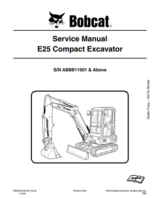 Bobcat E25 Compact Excavator Service Manual PDF Download