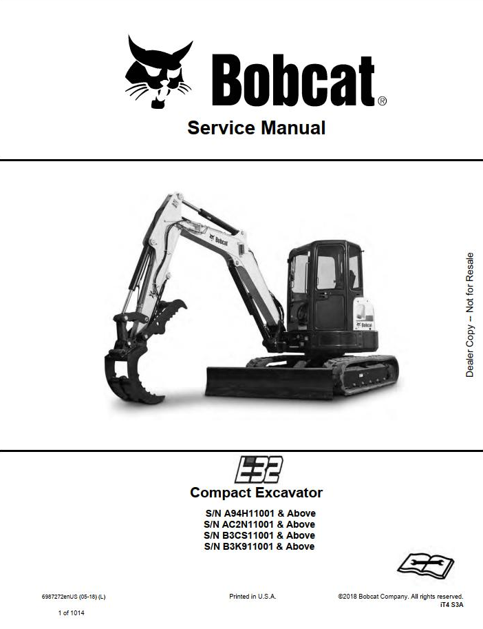 Bobcat E32 Compact Excavator Service Manual PDF Download