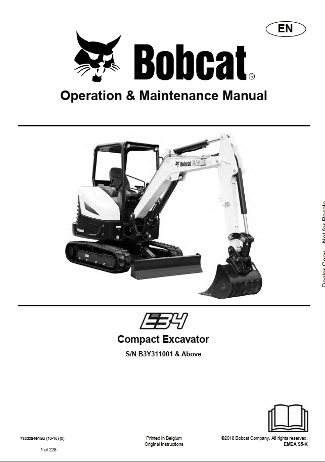 Bobcat E34 Compact Excavator Operation & Maintenance Manual PDF