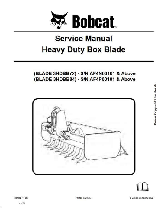 Bobcat Heavy Duty Box Blade 3HDBB72 3HDBB84 Service Manual PDF