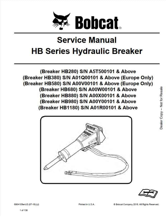 Bobcat Hydraulic Breaker HB280 HB1180 Service Manual PDF