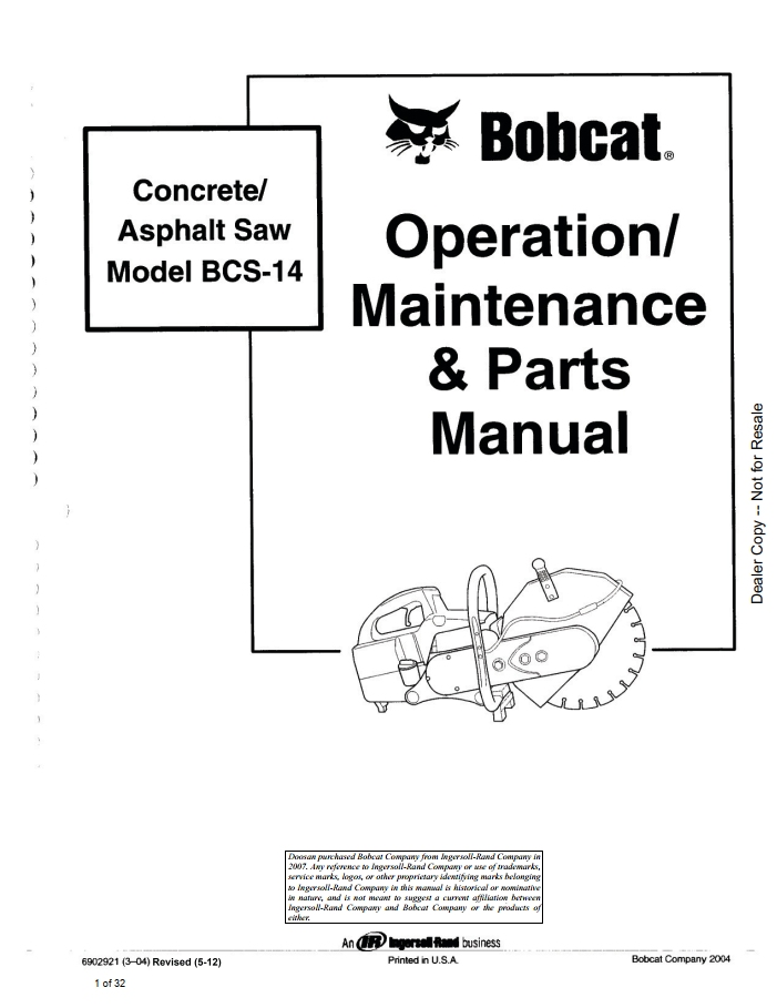 Bobcat BCS-14 Concrete & Asphalt Saw Manual: Operation, Maintenance & Parts PDF