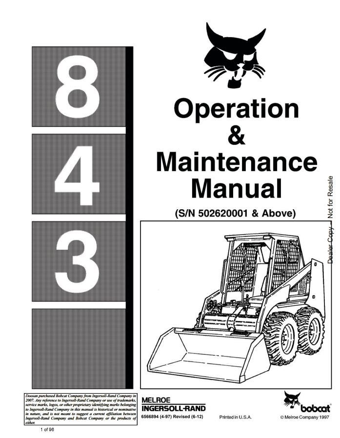 Bobcat 843 Loader Operation & Maintenance Manual PDF